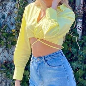 ZARA Yellow tie cropped shirt